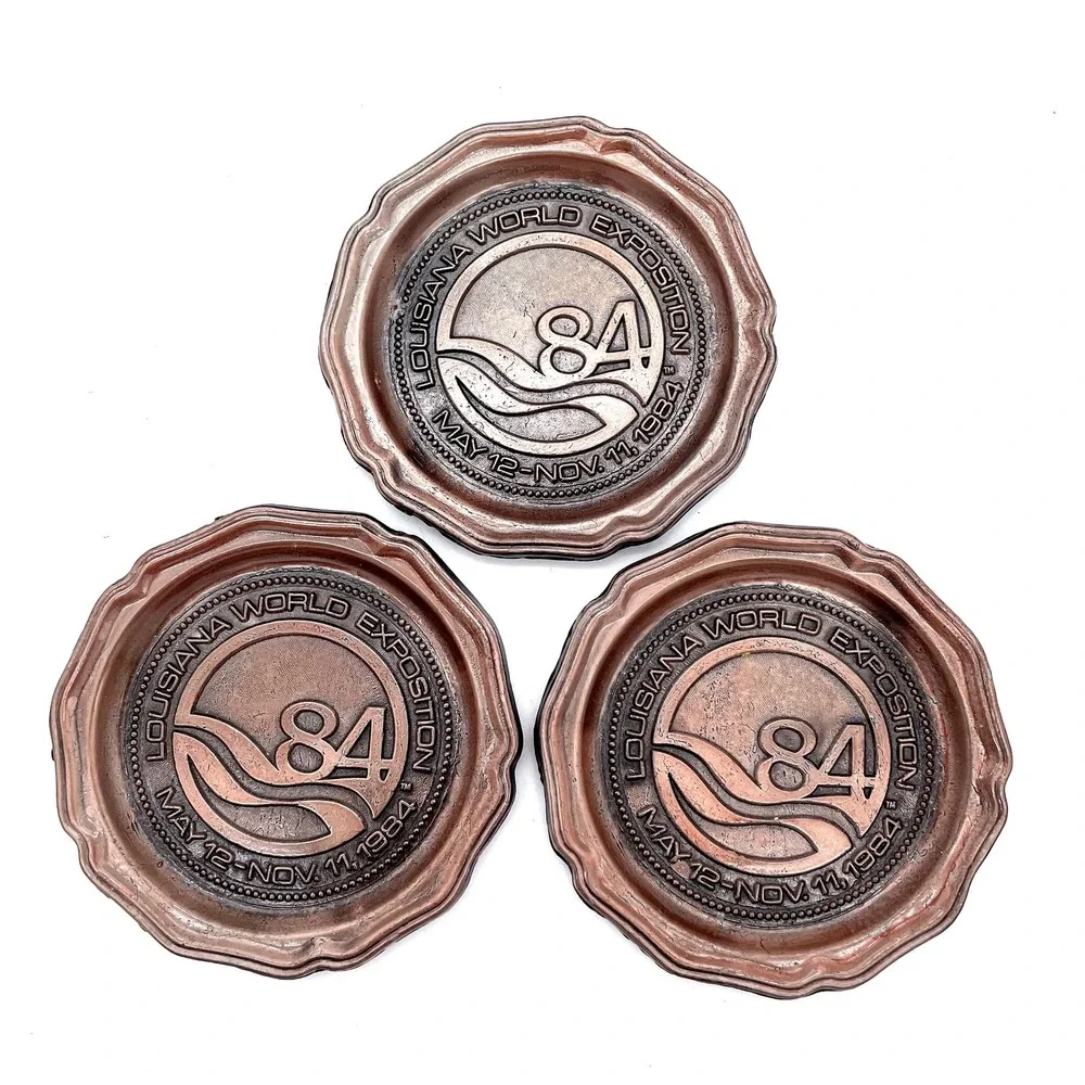 VTG 1984 New Orleans Worlds Coasters Set of 3 Copper on Pewter Novelty USA Made